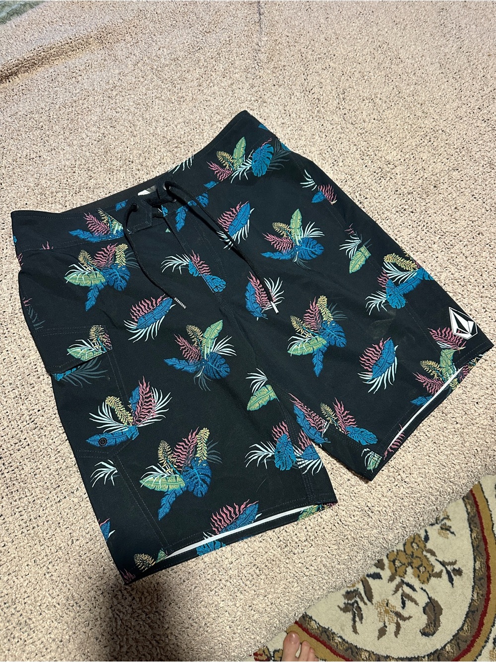 Volcom Men’s Black Swim Shorts with Blue, Green & Pink Leaf Print